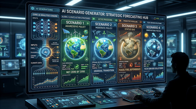 AI highlighting priority areas on a large screen display in a control room for strategic forecasting purposes.