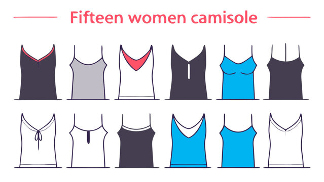 Assortment of modern women's camisole and tank top styles in simple line art vector graphics
