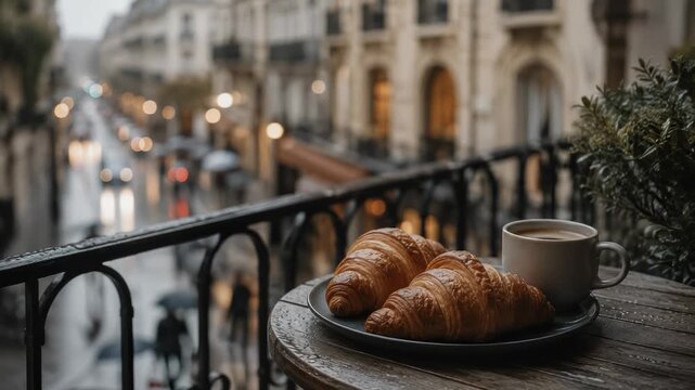A person enjoys croissants and coffee on a balcony. Rain falls outside as the city streets reflect lights. It is a moment of simple pleasure in a busy environment