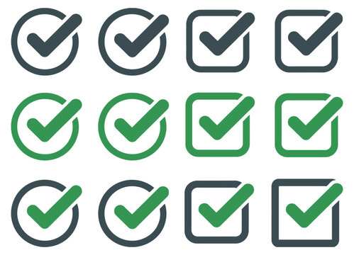 Check mark icons button set with yes and no checkmark signs, tick box, and black cross symbols.