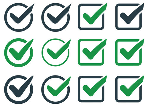 Check mark icons button set with yes and no checkmark signs, tick box, and black cross symbols.
