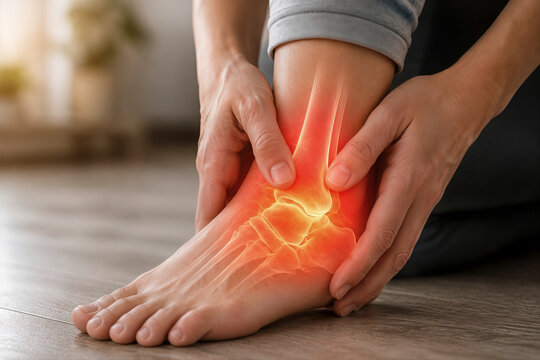 Woman suffering from ankle pain with highlighted inflamed joint and foot injury concept