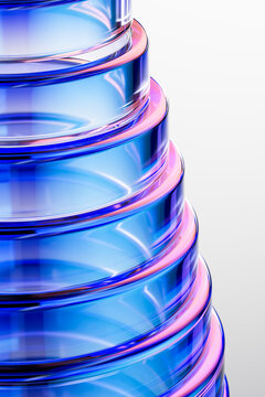 3D spiral glass tower with blue bands and pink glow