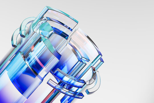 3D fragmented glass core with blue arcs and clear panels