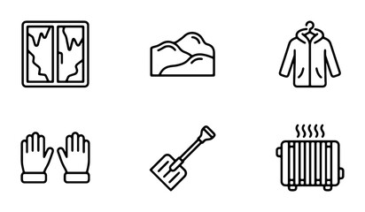 Winter Icons Set: Frosty Window, Snow Hills, Parka, Gloves, Shovel, Heater © Sofiq
