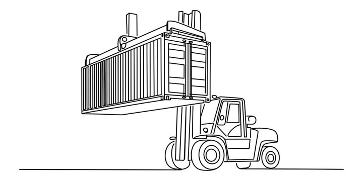 A black and white line art illustration of a heavy industrial forklift truck lifting a large rectangular metal shipping container for global cargo transport Vector, illustration