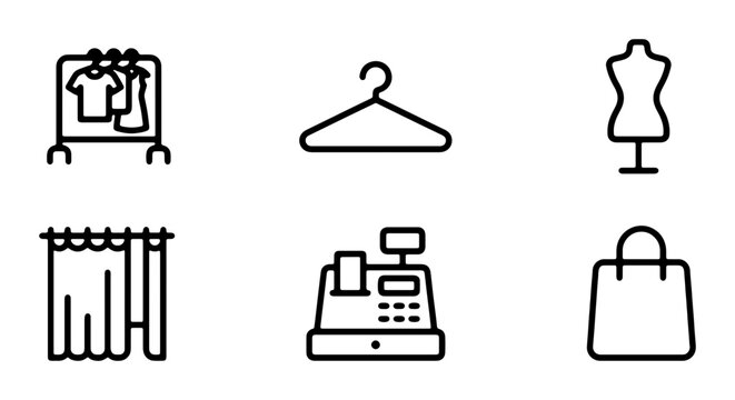 Retail Icons Set: Clothing Rack, Hanger, Mannequin, Changing Room, Cash Register, Shopping Bag
