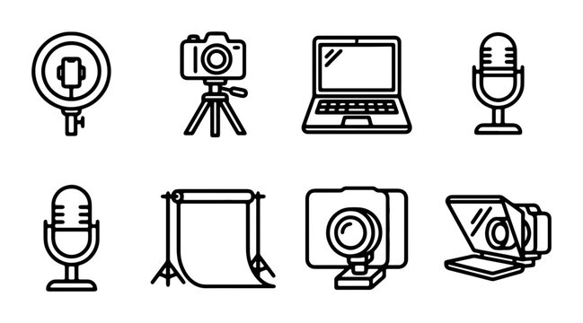 Photography and Videography Icons: Camera, Microphone, Laptop, Ring Light, Studio Setup