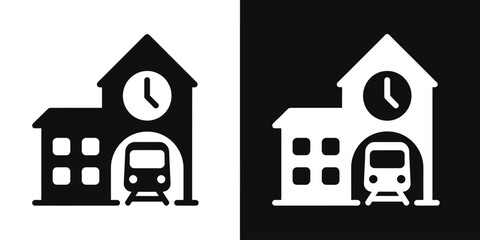 Railway station building icon, large clock tower and arriving train terminal design, public transportation hub vector illustration for transit and travel concepts. © Ayat 04