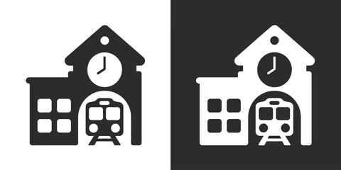 Railway station building icon, large clock tower and arriving train terminal design, public transportation hub vector illustration for transit and travel concepts. © Ayat 04