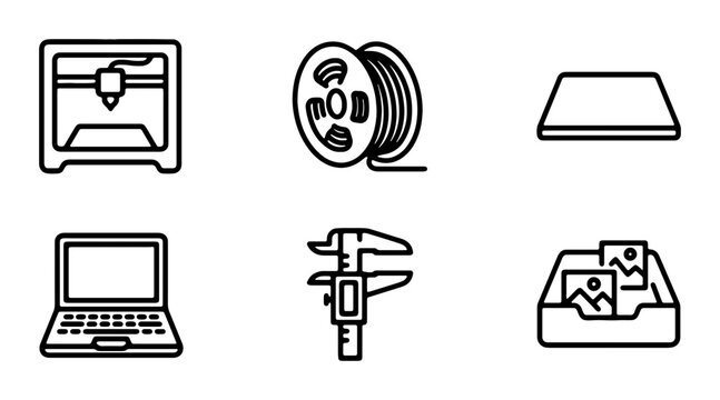 3D Printer, Filament Spool, Laptop, Caliper, Inbox Icons: Manufacturing and Design Tools Vector Set