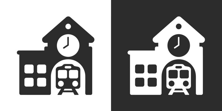 Railway station building icon, large clock tower and arriving train terminal design, public transportation hub vector illustration for transit and travel concepts.