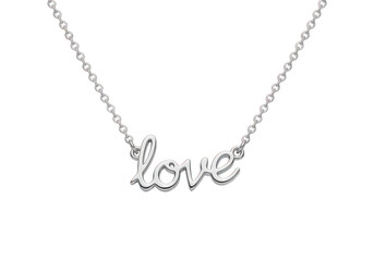 Fototapeta premium Delicate silver love pendant necklace with cursive script isolated on transparent background