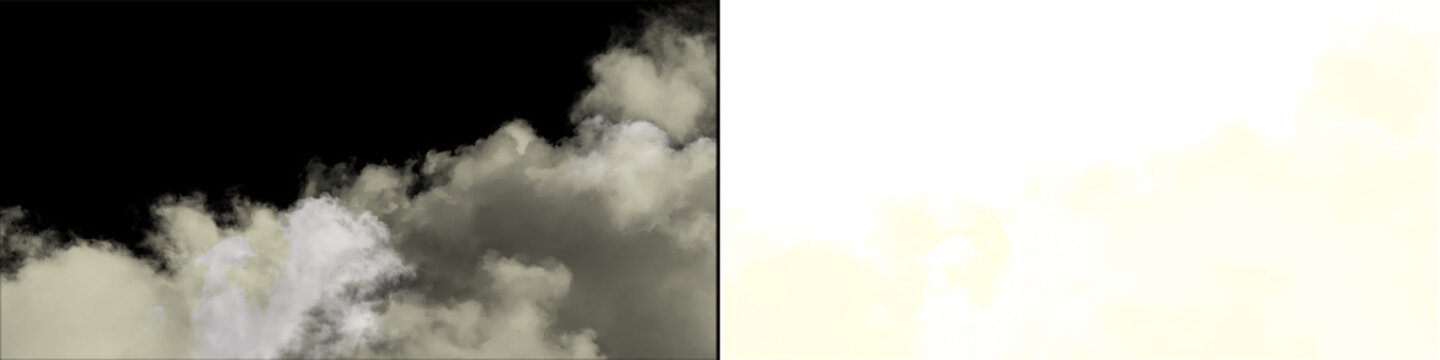Dense cloudscape with varying opacity captured against black backdrop and transparent background.