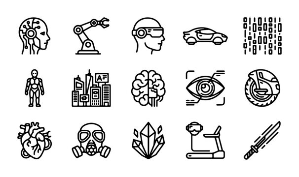 Futuristic Technology Icons Set: AI, Robotics, VR, Future City, Brain, Cybernetics, Heart, Gas Mask, Crystals, Treadmill, Lightsaber, Car, Binary Code