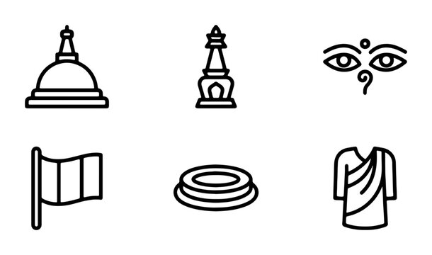 Buddhist Temple Icons, Stupa Symbols, Prayer Flag, Monk Robe, Third Eye Art, Religious Vector Graphics Set