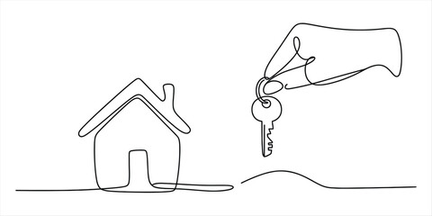 Continuous line drawing of a human hand holding a house key next to a small home icon Vector, illustration © Ranjona Vector Art