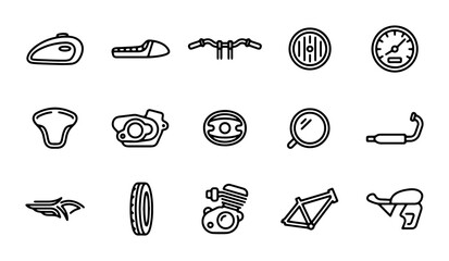 Motorcycle Parts Icons Set, Vintage Bike Components Collection, Retro Vehicle Elements, Black and White Line Art Vector Graphics for Automotive Design © Jannatul