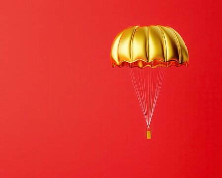 Luxury golden parachute failing to open over red economic background
