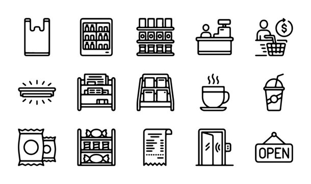25 Grocery Store Icons, Retail Shopping Symbols, Supermarket Shelves, Checkout Counter, Shopping Cart, Plastic Bag, Open Sign, Vector Line Art