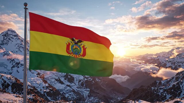 Bolivian flag waving in mountainous landscape
