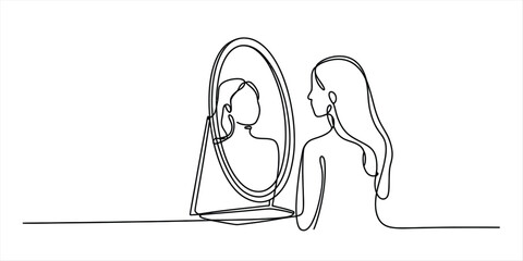 Continuous one line drawing of a young woman looking at her reflection in a round mirror Vector, illustration © Ranjona Vector Art