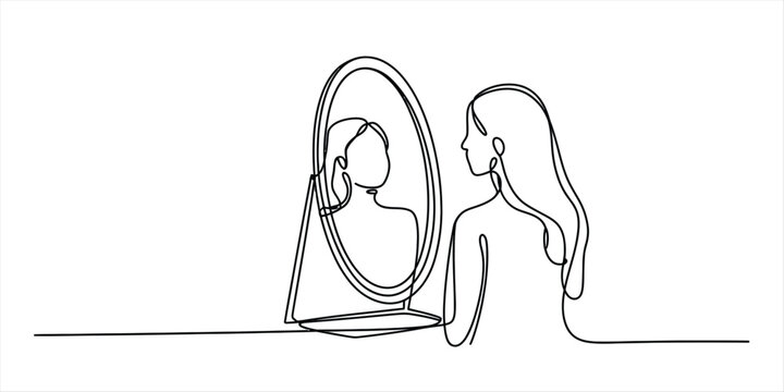 Continuous one line drawing of a young woman looking at her reflection in a round mirror Vector, illustration