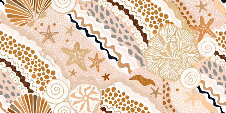 Seashell pattern coastal themed vector illustration with beige background