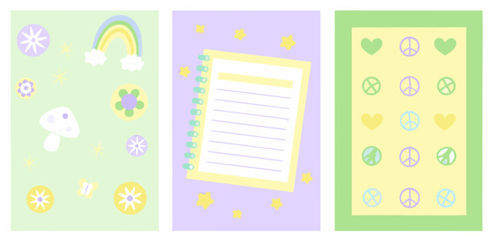 doodle note templates with rainbow mushroom and peace sign designs