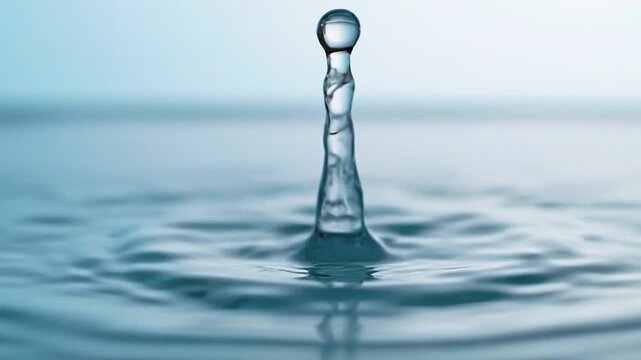 Single Water Droplet Falling and Splashing on Clean Blue Water Surface Creating Crown Splash and Ripples, Extreme Macro Slow Motion