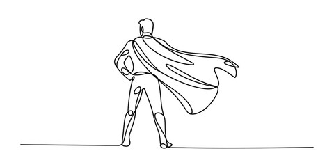 Continuous one line drawing of a superhero standing with a cape flowing in the wind Vector, illustration © Continuous Line Art