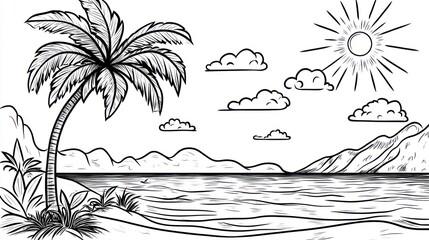 Obraz premium Beach scene with palm tree, sun, and mountains. Line art illustration for print or digital use