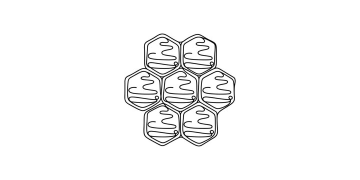 Black and white hand drawn sketch of a hexagonal honeycomb pattern with honey dripping inside the cells representing nature and sweet food design element Vector, illustration