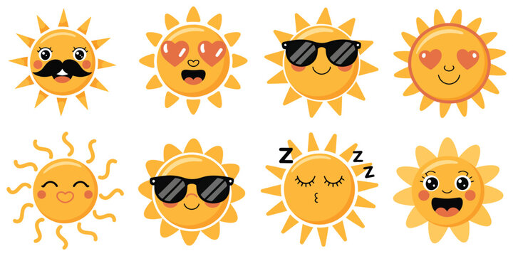 Cute sun emoji characters, smiling cartoon sun faces with sunglasses, love hearts, mustache and sleepy expressions, modern flat vector illustration.