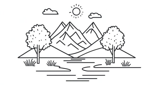 Simple line art mountain landscape with river