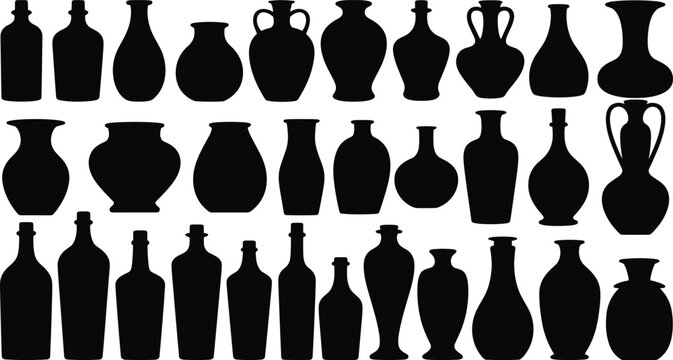 Ancient pottery and ceramic vase silhouette icon collection isolated on light background vector illustration set