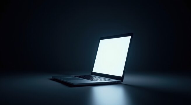 Laptop computer with blank screen on a dark surface