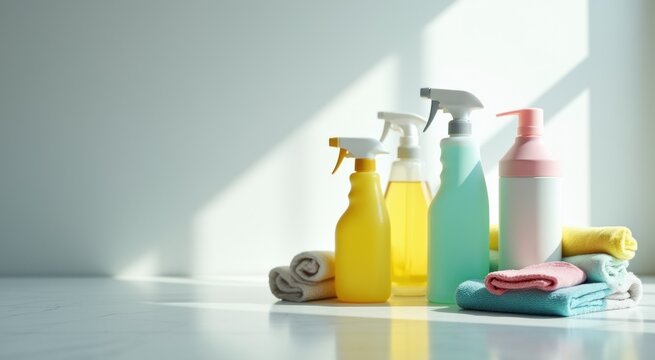 Several bottles of cleaning products on a table