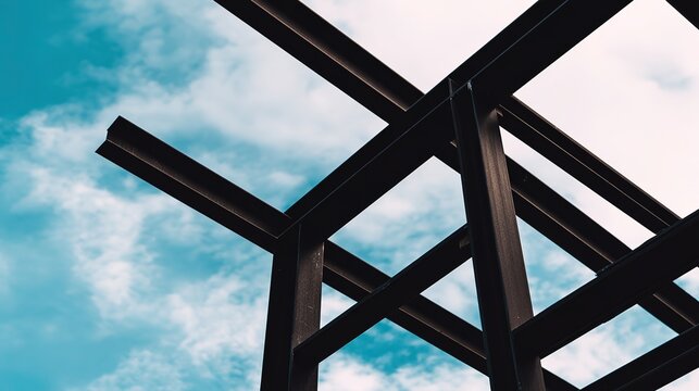Workshop steel frame structure under construction, highlighting skeleton, clean background, architectural construction record