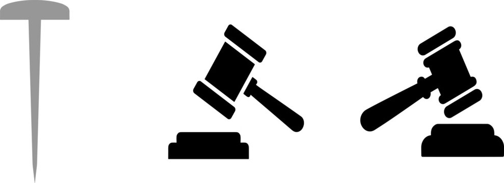 Minimalist law icon set featuring a metal nail and two judge gavel silhouettes on a white background