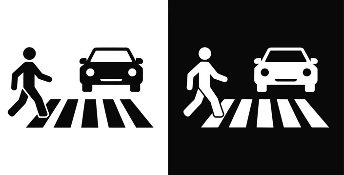 Pedestrian crossing sign with car and zebra stripes, safety icon for crosswalk zones, urban traffic management systems, pedestrian right-of-way warning symbol, road safety instruction graphic, flat 