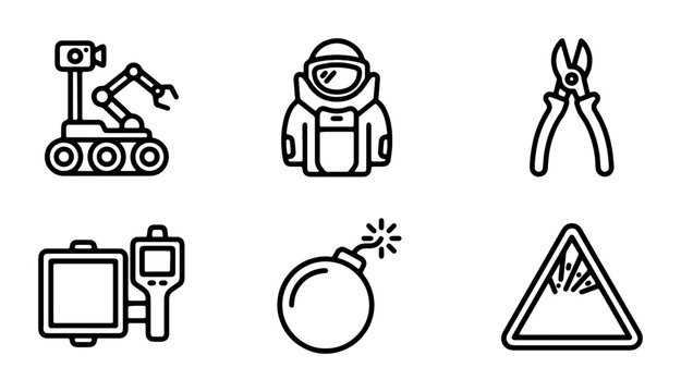 Industrial Safety Icons: Bomb Disposal Robot, Hazmat Suit, Pliers, Detector, Bomb, Danger Sign Vector Set