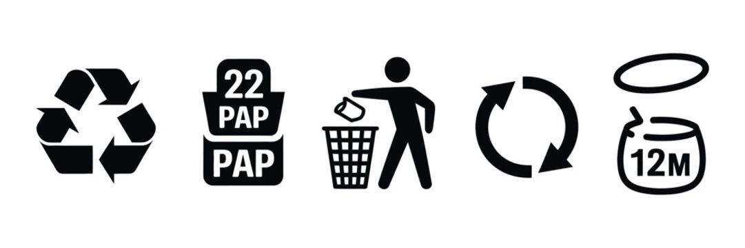 Recycling symbol set for packaging, green dot recycling sign, PAO period after opening label, waste sorting codes and eco packaging icons, vector illustration.