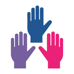 Fototapeta premium Three colorful hands raised up in solidarity
