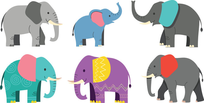 Colorful Cute Elephant Character Icon Set with Decorative, Wild, and Baby Elephants for Animal, Wildlife, and Kids Theme Designs