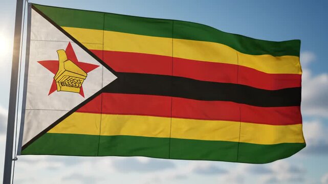 Zimbabwe flag waving in sky