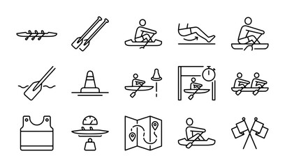 Rowing Icons Set: Oars, Boats, Athletes, Buoys, Maps, and Finish Line Graphics for Sports and Recreation © Rony