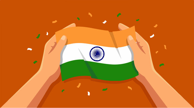 Hands holding Indian national flag.