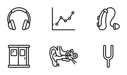 Audiology Icons Set: Hearing Aid, Headphones, Ear Anatomy, Sound Booth, Tuning Fork, Audiogram Graph, Medical Symbols, Vector Graphics © Rony