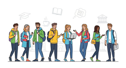 Fototapeta premium Diverse Group of Students Walking on Campus, Education and Learning Concept Illustration